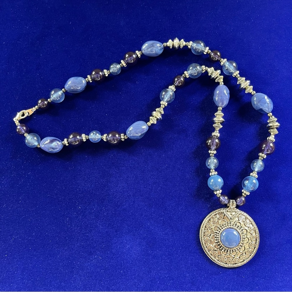 Medallion Necklace Blues & Silver Beads